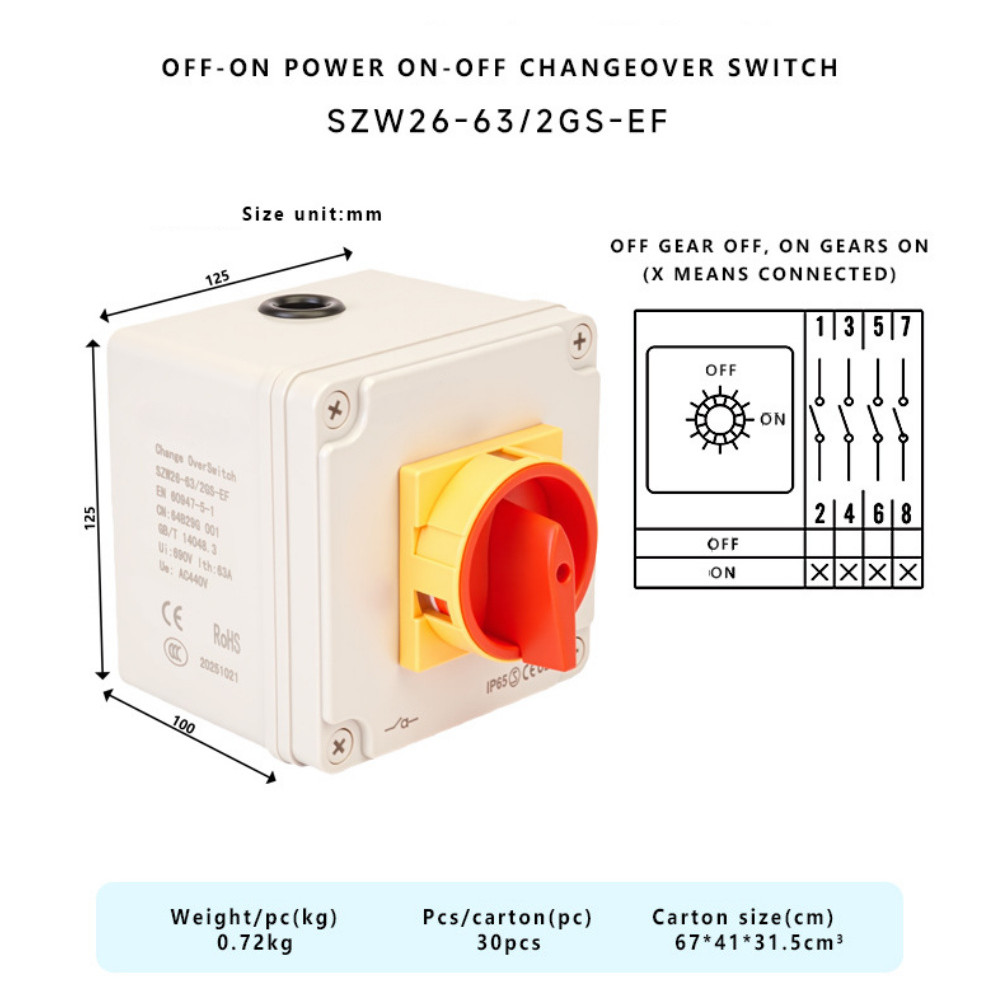 8IP65 กันน้ํากันฝุ่น Changeover Switch 63A Power On-Off Cam Transfer Switch