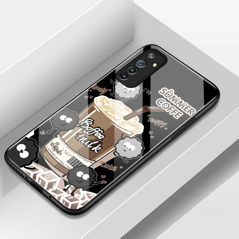 เคสสำหรับ Realme 6 Pro 6s 5 Pro 5i 5s 6i Narzo 10 10A 20A เคสกระจกลายกาแฟเม็ดถ่านการ์ตูนน่ารักกันกระแทก