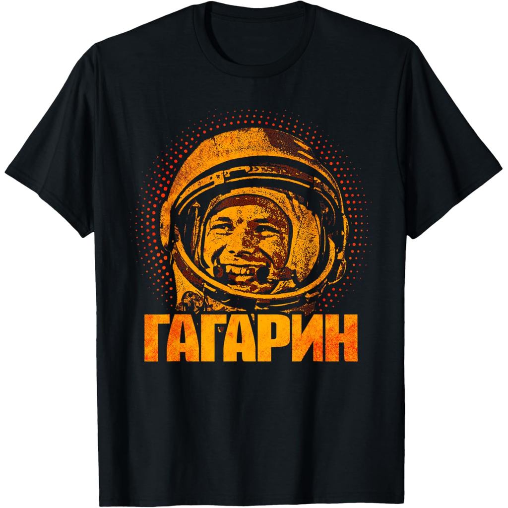 เสื้อยืดผ้าฝ้ายผู้ชาย Yuri Gagarin นักบินอวกาศ Cosmonaut สหภาพโซเวียต Space Cyrillic เสื้อยืดคุณภาพส