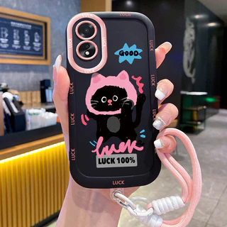 เคสสำหรับ OPPO A18 A38 เคสโทรศัพท์แมวสายคล้องกันกระแทก