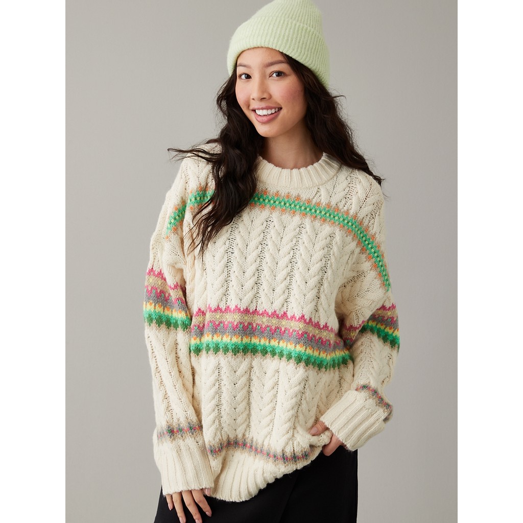 American Eagle เสื้อสเวตเตอร์ผู้หญิง 1088 OS CABLE PRINT CREW สี IVORY - 034-1088-161