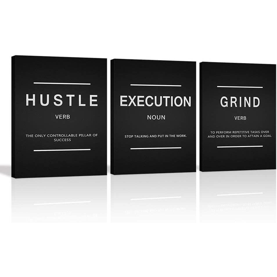 3 ชิ้นของ Grind Verb Hustle Verb Executience Noun สร้างแรงบันดาลใจ Wall Art ผ้าใบพิมพ์ Office Decor 