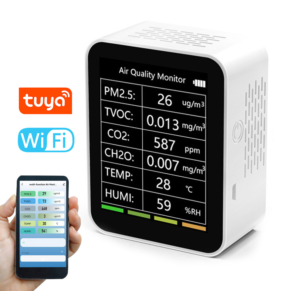 Tuya WiFi แบบพกพาโฮมออฟฟิศในร่มเดสก์ท็อป Air คุณภาพเครื่องตรวจจับ 6 In 1 มัลติฟังก์ชั่น PM2.5 TVOC C