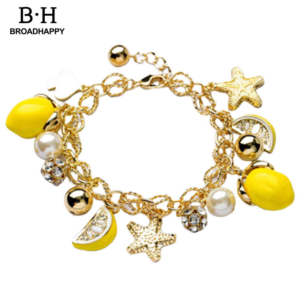 [BH]✯Creative Summer Beach ผู้หญิง Faux Pearl ปลาดาว Lemon Charm สร้อยข้อมือกําไลข้อมือ