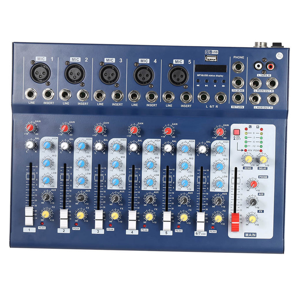 [musb] F7-USB 7-Channel Digital Mic Line Audio Mixer คอนโซลผสมการเชื่อมต่อ BT ไร้สายอินพุต USB 48V P