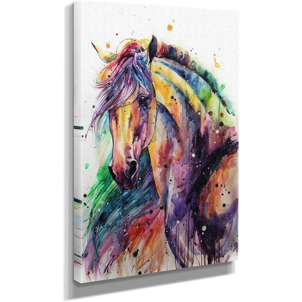 ม้าสีน้ําภาพวาด Rainbow Canvas Art Wall Art ตกแต่งบ้าน 40in X 60in Gallery ห่อ XS2