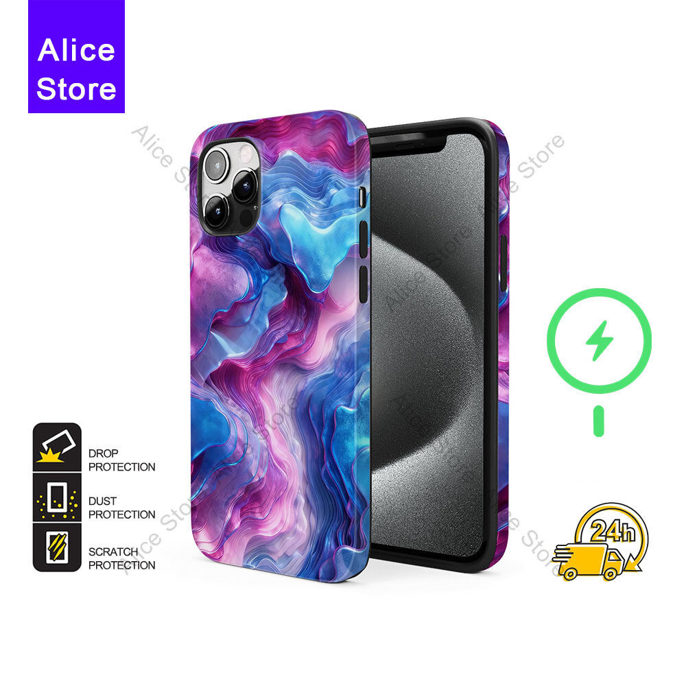 เคสโทรศัพท์สีชมพูสีฟ้าเรืองแสงสําหรับ iPhone 17 Pro Max / iPhone 16 Pro Max / 15 Pro Max / 13 เคสป้อ