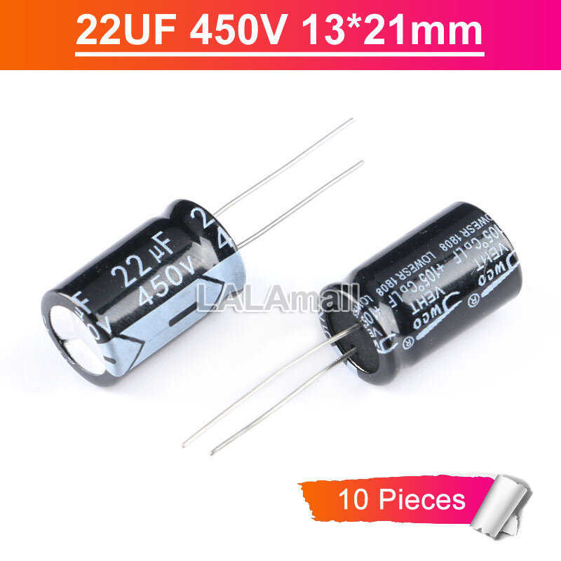10pcs ตัวเก็บประจุคุณภาพสูง 22UF 450V Through Hole Electrolytic Capacitor 450V22UF 22UF450V 13*21 มม