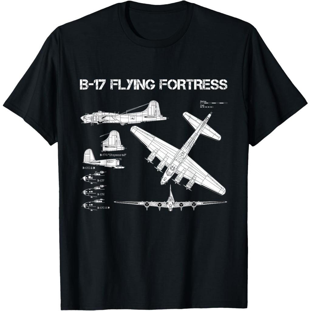 เสื้อยืดผ้าฝ้ายผู้ชาย B-17 Flying Fortress WW2 Heavy Bomber Aircraft Blueprint เสื้อยืด