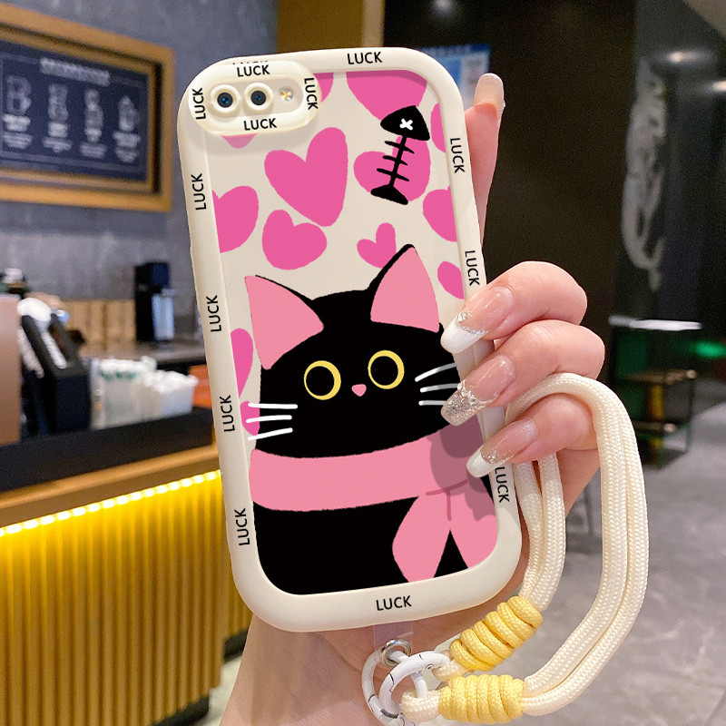 Realme C2 C2s OPPO A1K เคสแมวดําพร้อมเชือกเส้นเล็ก