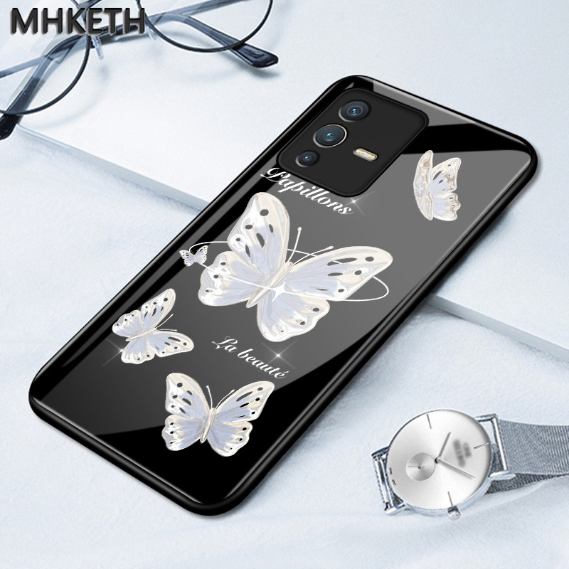 เคสสำหรับ VIVO V23 5G V23i 5G V23E 4G V23E 5G Y75 เคสโทรศัพท์แก้วมีลายผีเสื้อที่ออกแบบน้อยที่สุด