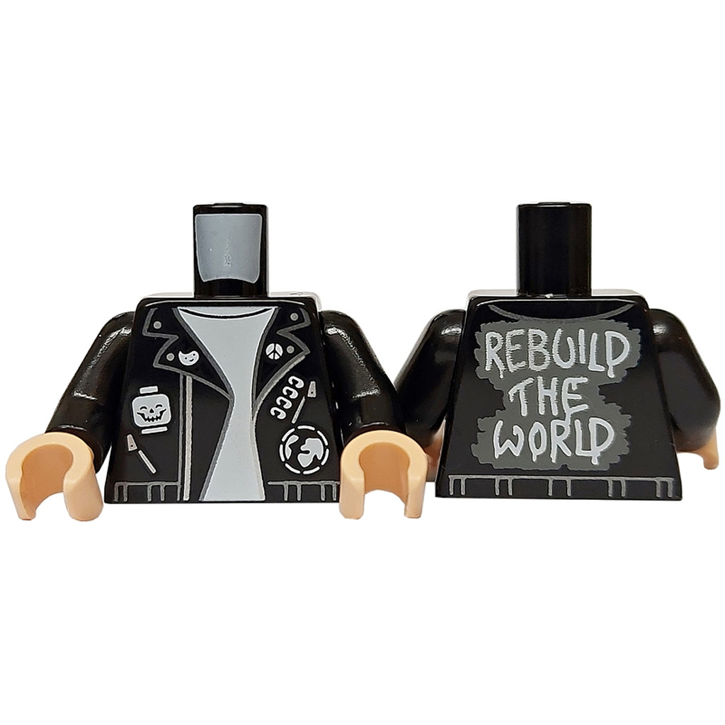 Brick2cube Part - Torso Leather Jacket over White T-Shirt, Skull Minifigure Head, Badges, 'REBUILD T