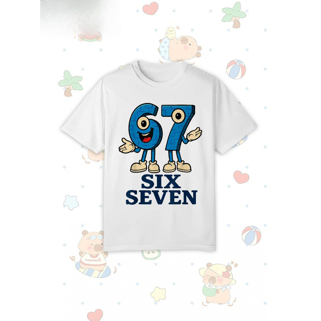 67 Six Seven Funny Italian Brainrot Gaming T- เสื้อยืดเด็กชายและเด็กหญิง- ตัวเลขการ์ตูนน่ารัก 67 และ