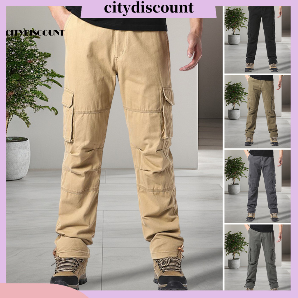 กางเกงทํางานผู้ชายหลายกระเป๋าเอวยางยืดขากว้างหลวมกางเกงคาร์โก้ขนาดบวกสีทึบStreetwearกางเกงทรงหลวมสํา