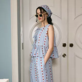 lookbookpetite rosie top (adult) blue pommette เสื้อผู้หญิงแขนกุดผูกโบว์ รุ่น rosie สี blue pommette