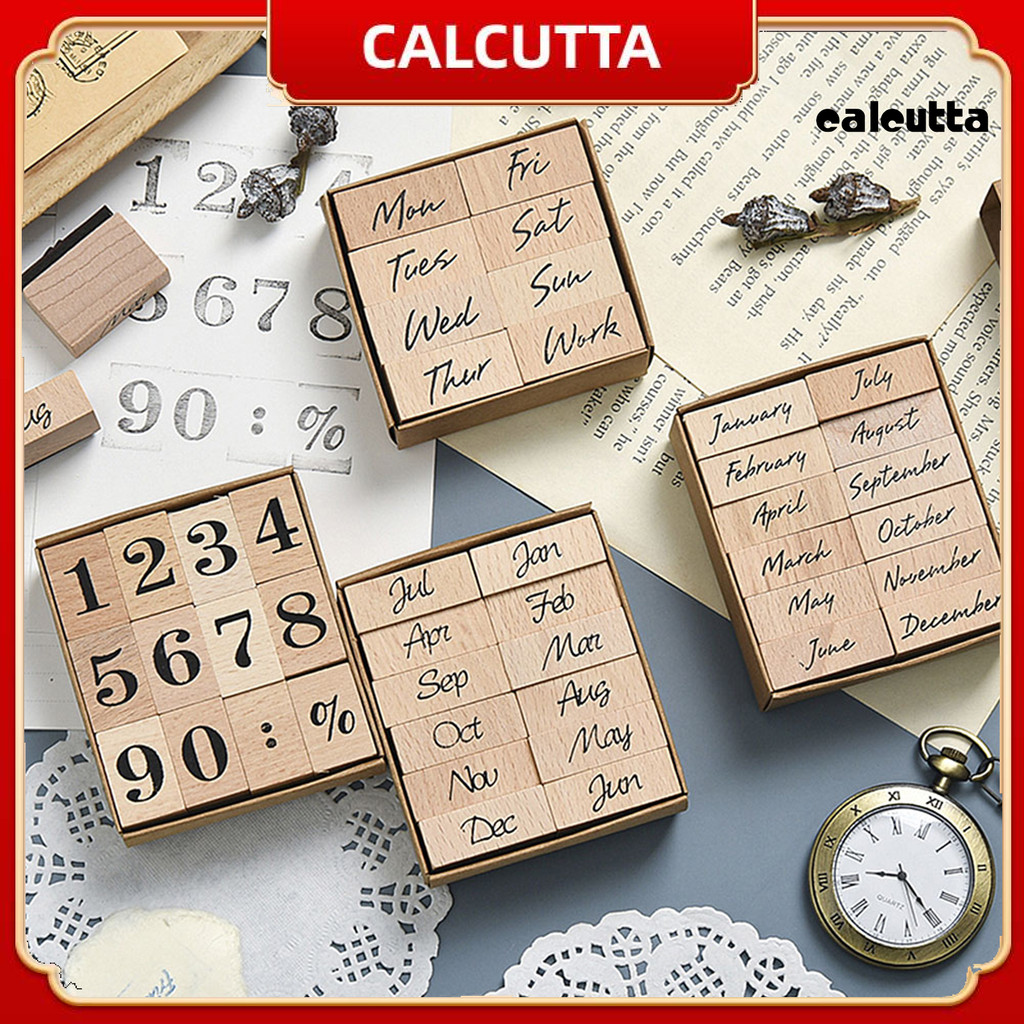 [cal]Stamp Numbers English Month Weeks ซีล Cursive Vintage ไม้แบบใช้ซ้ําได้สําหรับสํานักงาน
