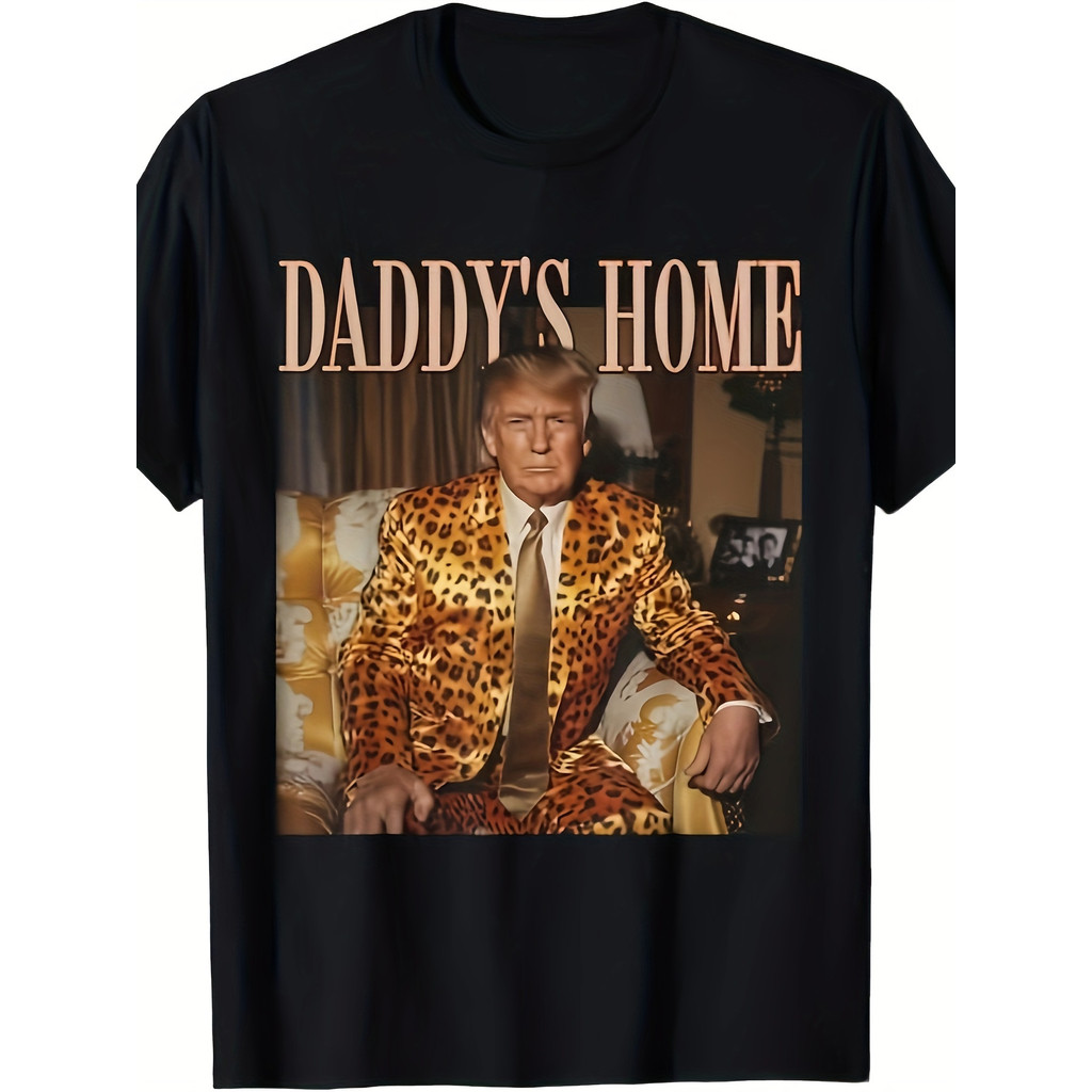 "DaddyS Home" Trump, Leopard Humorous MAGA T-Shirt - Casual Crew Neck, Regular Fit สําหรับผู้ใหญ่, เ