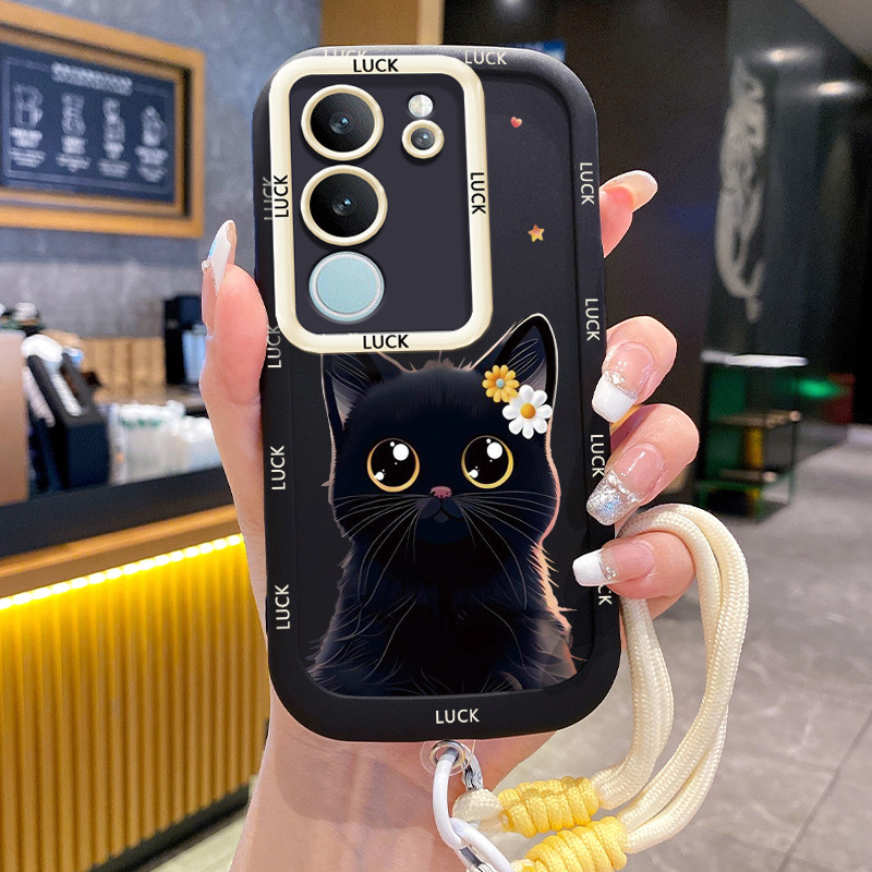 VIVO V29 5G V29E 5G V29 Pro 5G เคสแมวดําพร้อมเชือกเส้นเล็ก