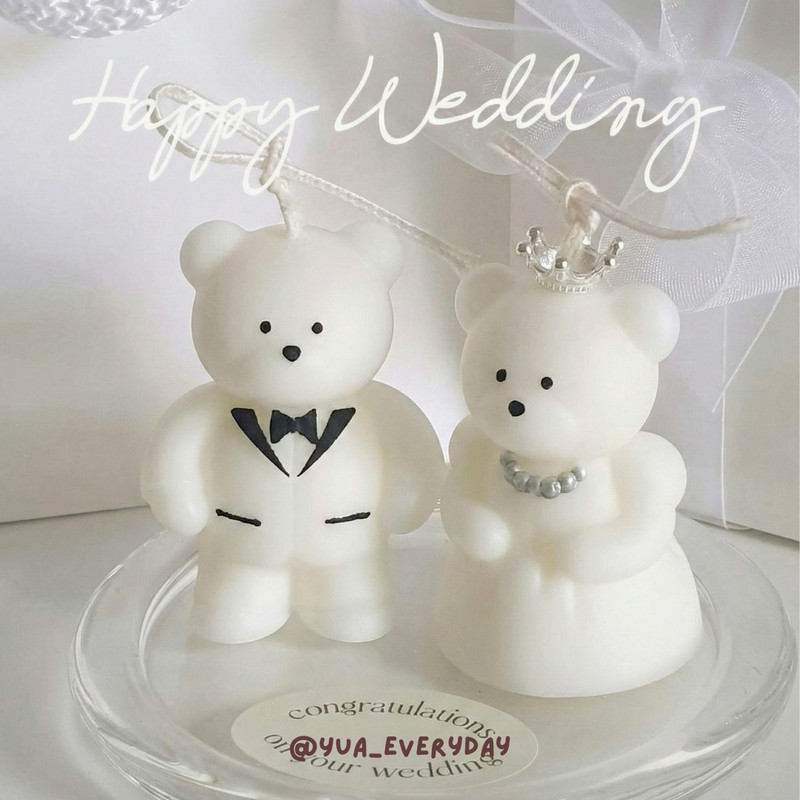 Pelopood Wedding Bear Candle Set Scented Mini Bride & Groom with Tray & Gift Bag Anniversary Décor