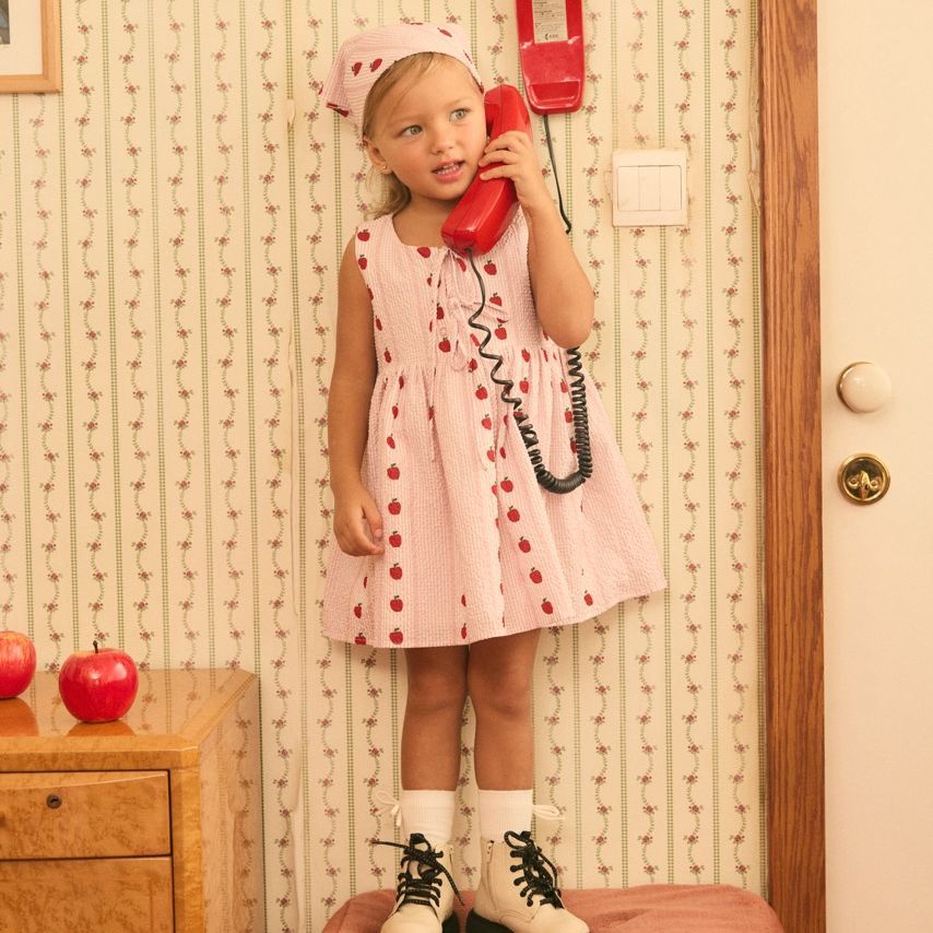 lookbookpetite bubbly dress pink pommette เดรสเด็กผู้หญิงแขนกุด ผูกโบว์ รุ่น bubbly สี pink pommette