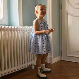 lookbookpetite bubbly dress blue pommette เดรสเด็กผู้หญิงแขนกุด ผูกโบว์ รุ่น bubbly สี blue pommette