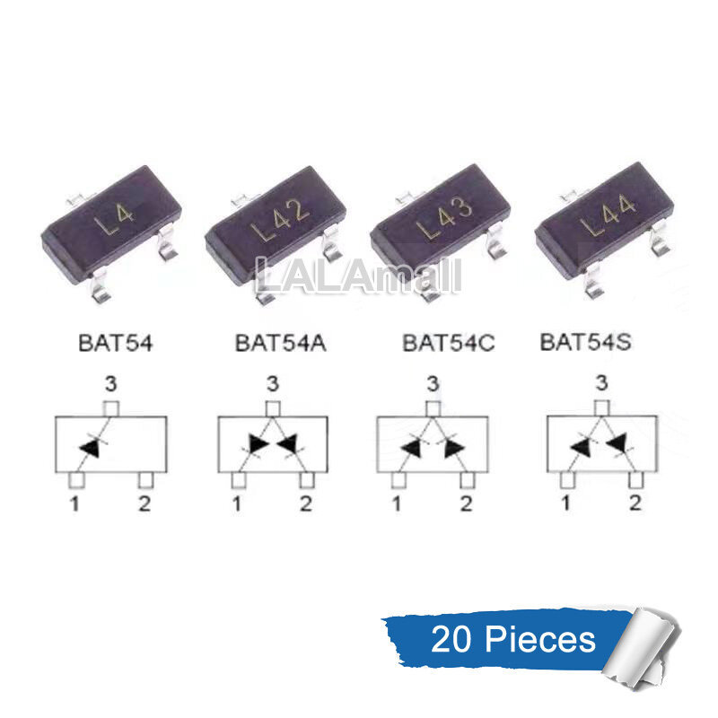 20 ชิ้น/ล็อต BAT54 เครื่องหมาย L4 SOT23 BAT54A L42 BAT54C L43 BAT54S L44 SOT-23 SMD 30V/200mA Schott