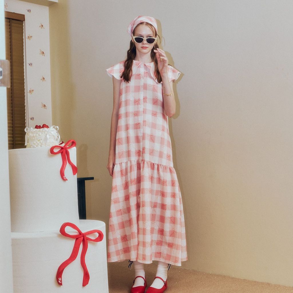 lookbookpetite tulip dress (adult) pink ribbon เดรสยาว สีชมพู ลายสก็อต