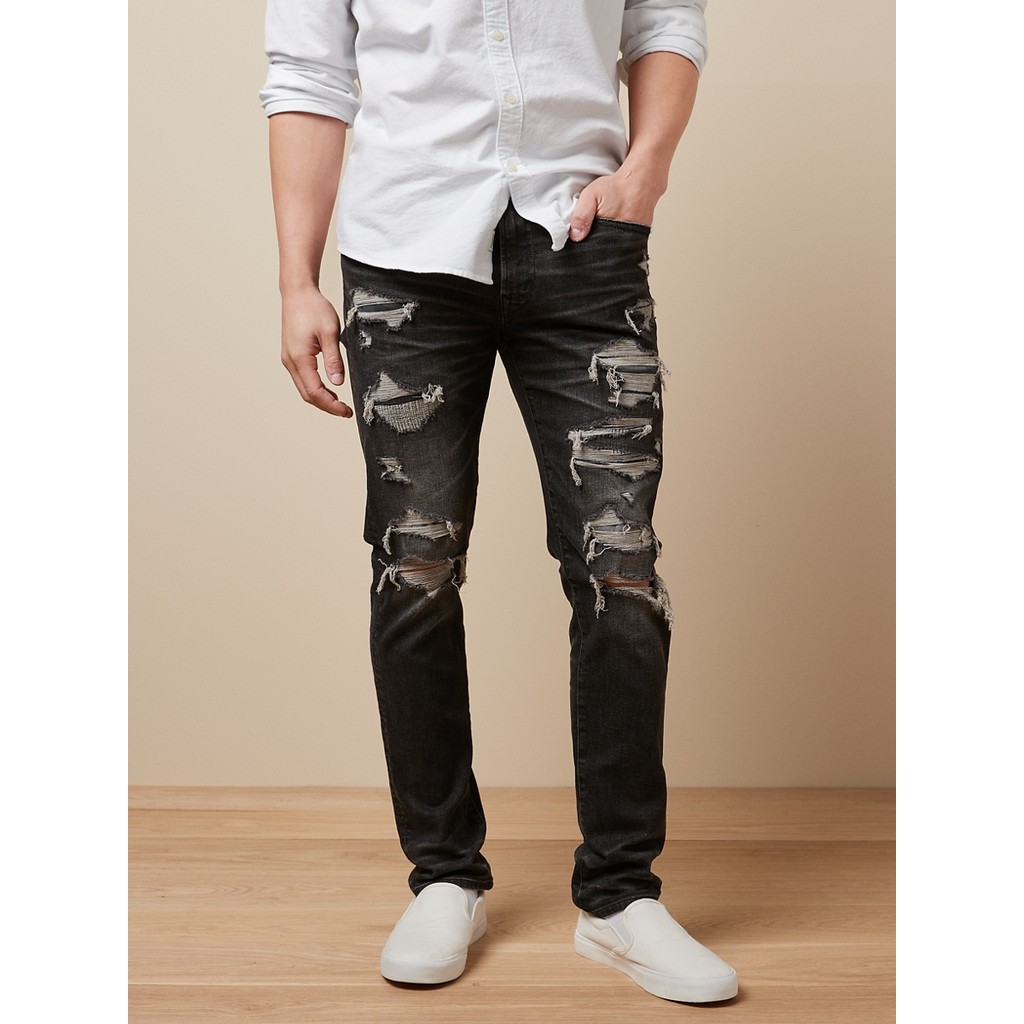 American Eagle กางเกงยีนส์ผู้ชาย BLACK MENDED WASH SLIM FIT สี DESTROYED BLACK - 011-5142-038