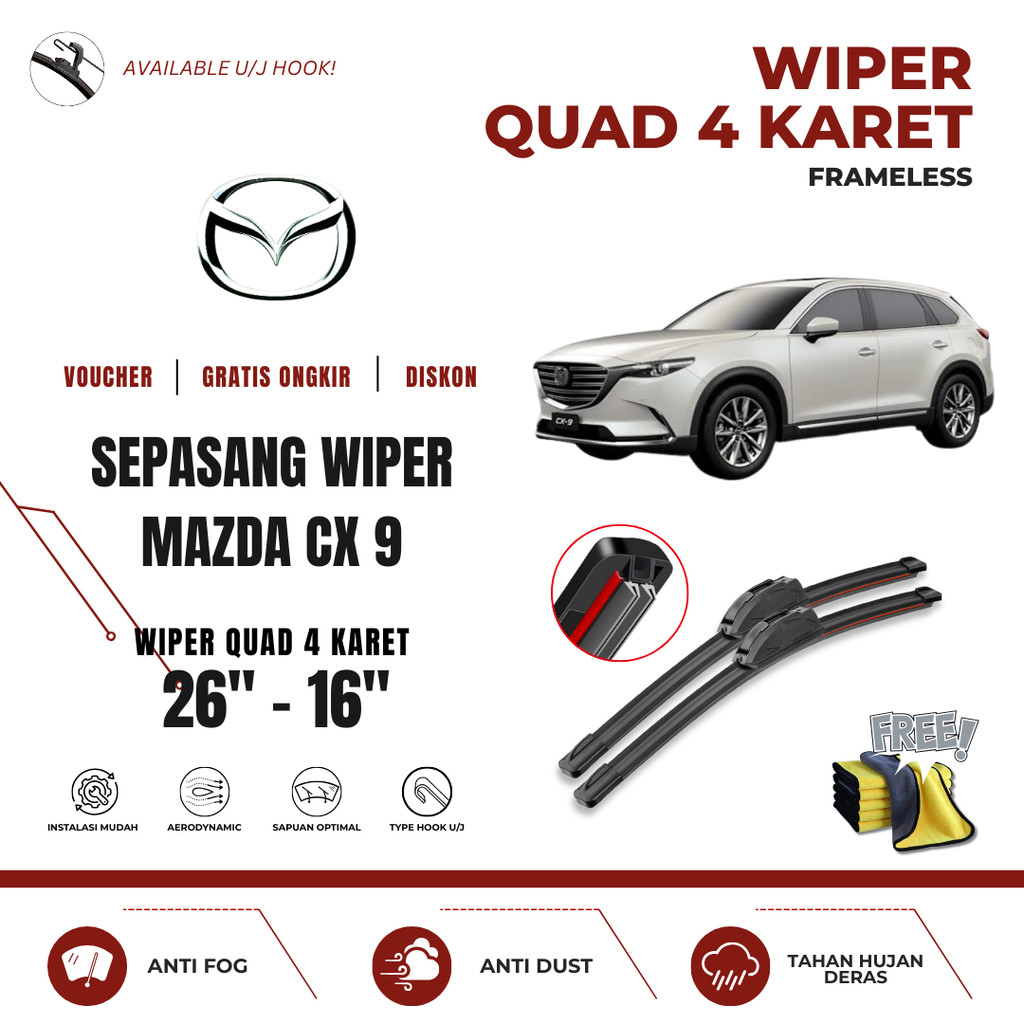 Mazda Cx-9 Quad ที่ปัดน้ําฝนกระจกรถยนต์ฟรีผ้าไมโครไฟเบอร์