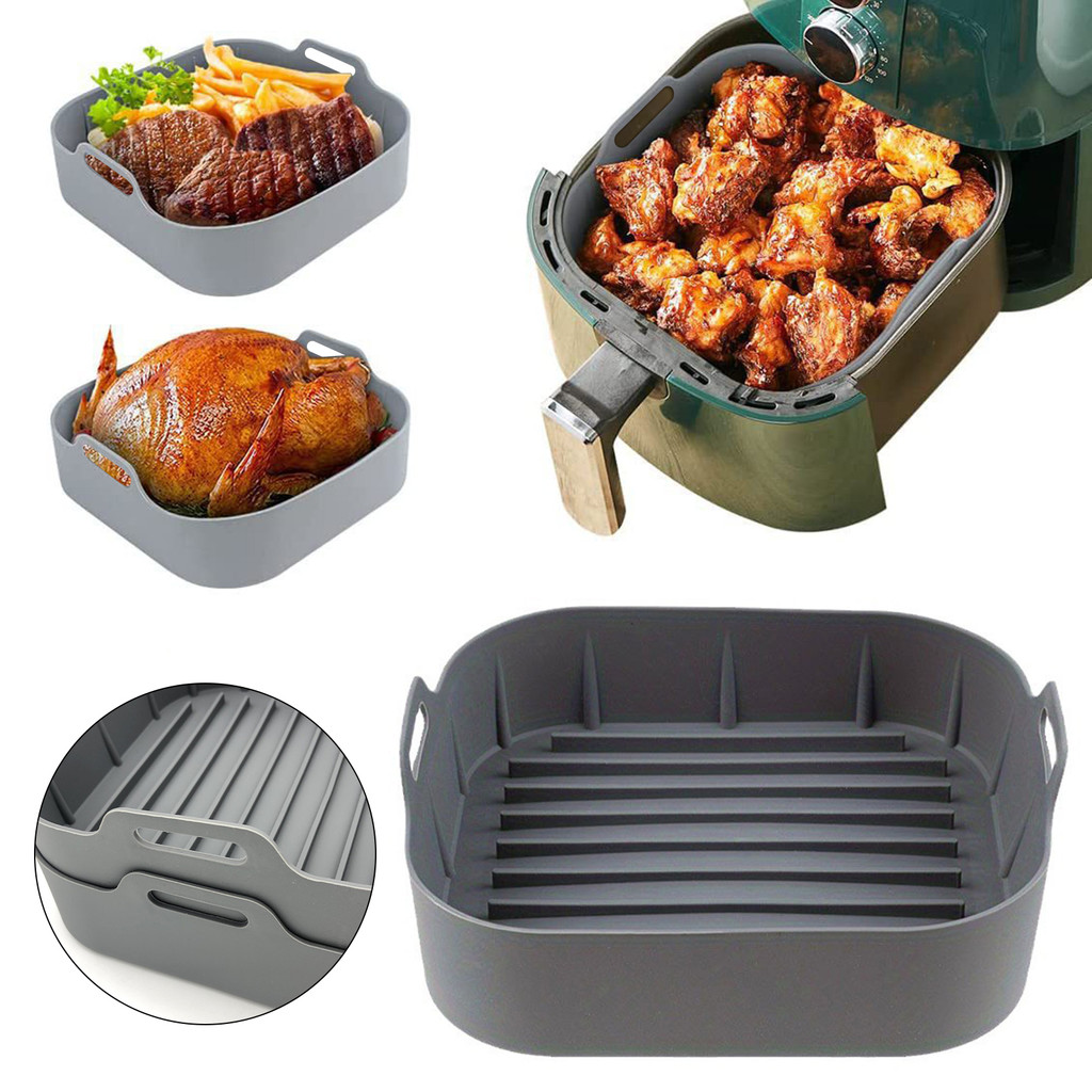 Gzmj ซิลิโคน Air Fryer Baking Pan พร้อมที่จับ Non-Stick Reusable Square Airfryer Liners ตะกร้าสําหรั