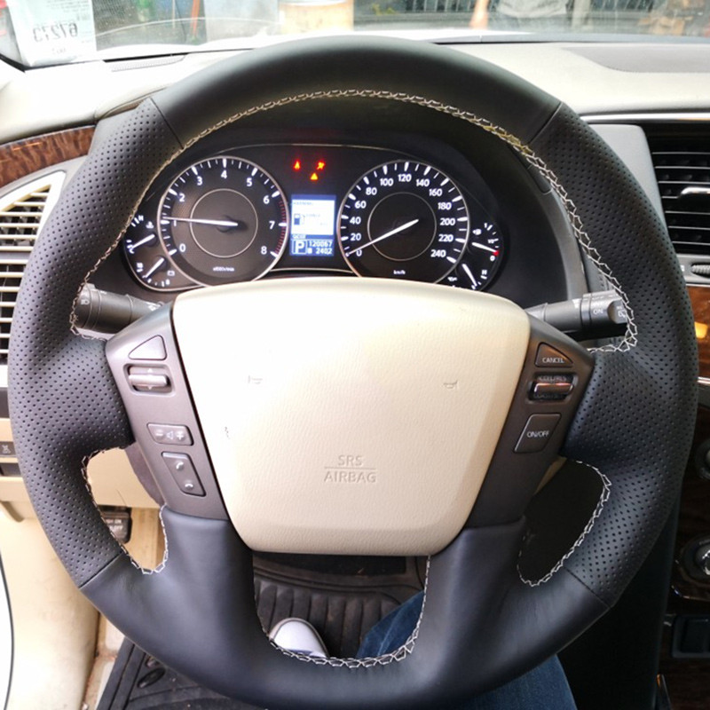 Custom Fit หนังเทียมพวงมาลัยรถสําหรับ Nissan Patrol 2011-2017 Infiniti QX56 2011-2013 QX80 ลื่นรถอุป
