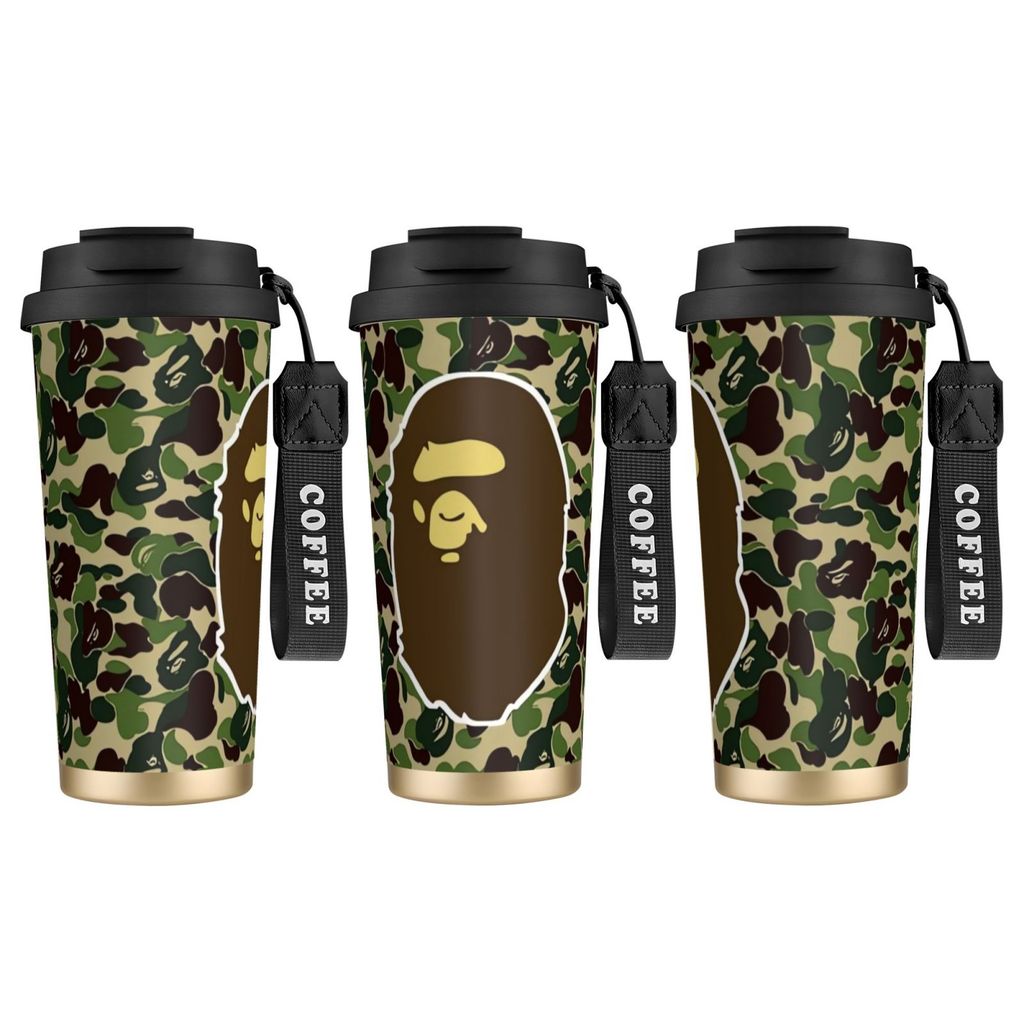 Bape Double wall แก้วกาแฟหุ้มฉนวนสแตนเลสพร้อมสายรัดข้อมือ COFFEE ดีไซน์กันรั่วสําหรับการเดินทางและกลางแจ้ง เก็บเครื่องดื่มร้อน/เย็นเป็นเวลาชั่วโมง