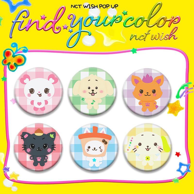 58 มม. NCT WISH "Find Your Color" Pop-Up Pin Set – ตัวละครสัตว์น่ารัก, การออกแบบกระดานหมากรุกสีพาสเทลและบรรยากาศขี้เล่น | ป้ายสะสมสําหรับแฟนๆ