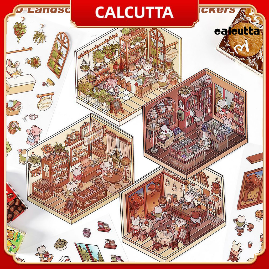 [cal]4 ชุด 3D DIY House ฉากสติกเกอร์ความเครียดบรรเทา Decals ซูเปอร์มาร์เก็ตร้านกาแฟ Bookstore Sun Ro