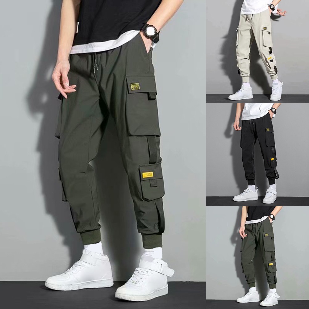 HOTMen Casual Sweatpants Multi Pocket Cargo Harem Pants Streetwear Joggers กางเกง