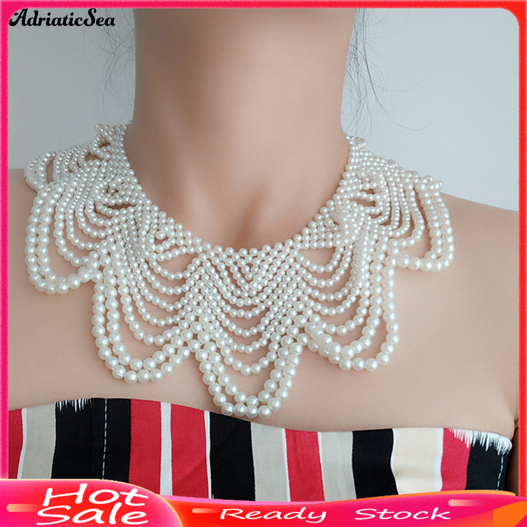 [COD]✰Faux Pearl Bib สร้อยคอ Hollow Design Bib สร้อยคอChoker ลูกปัดผ้าคลุมไหล่สําหรับผู้หญิงงานแต่งง