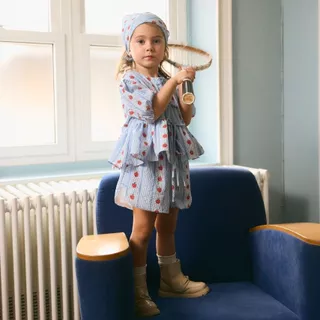 lookbookpetite milkshake shorts blue pommette กางเกงขาสั้นเอวยางยืด รุ่น Milkshake สี blue pommette