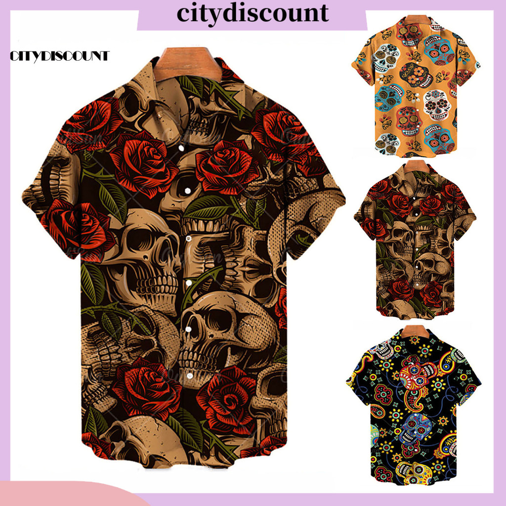Lapel Short Sleeve Single Breasted Men Shirt Summer Flower Skull Print เสื้อฮาวาย Beachwear