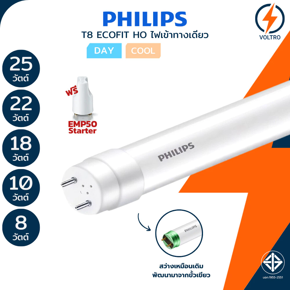 PHILIPS หลอดไฟ Led T8 ไฟเข้าทางเดียว 8W 10W 18W 22W 25W 60/120cm แสงขาว ขาวนวล ของแท้ รุ่น ECOFIT