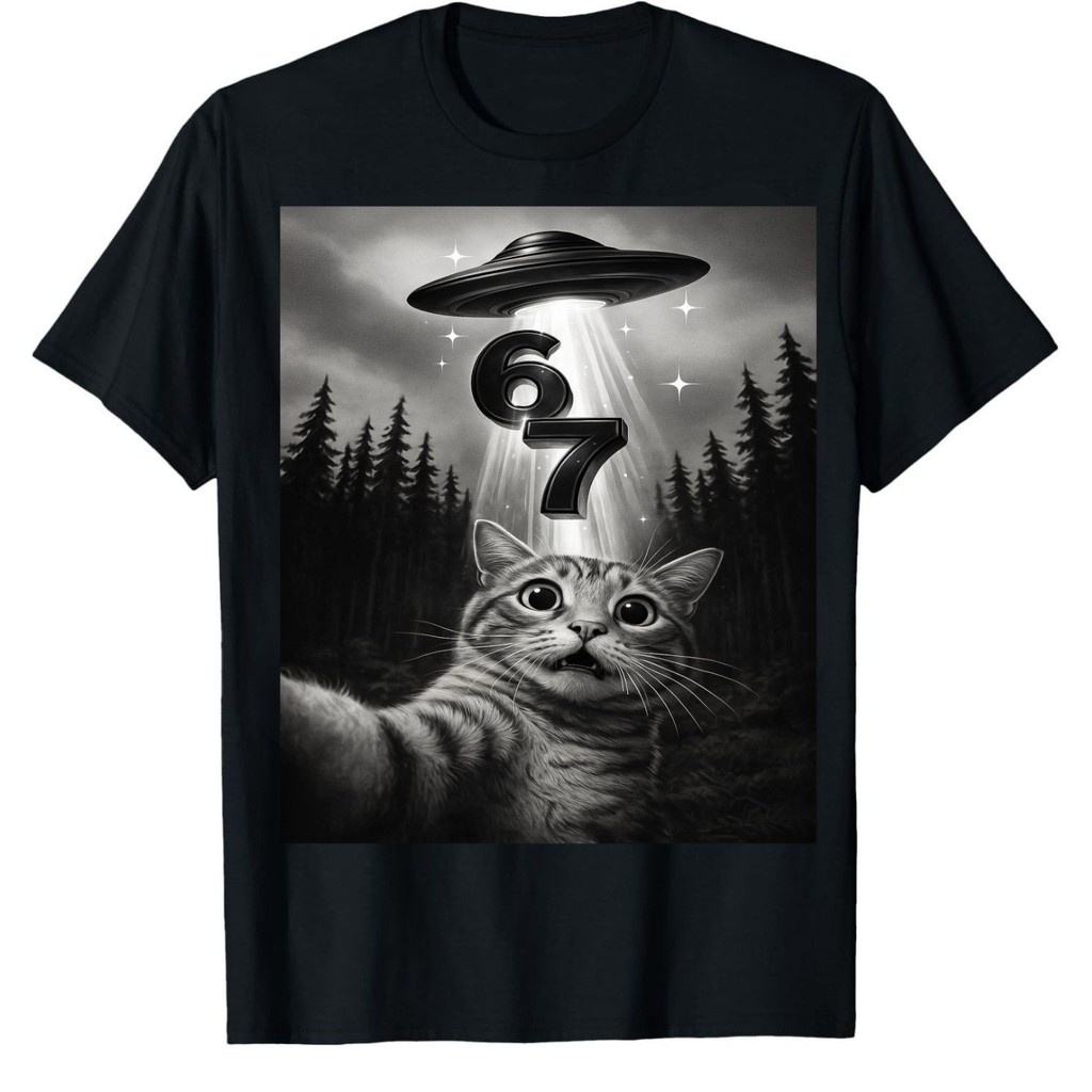 แมวตลก Selfie Ufo Meme เสื้อยืด Gen Alpha Slang Top Tee 67 Six Seven 6 7