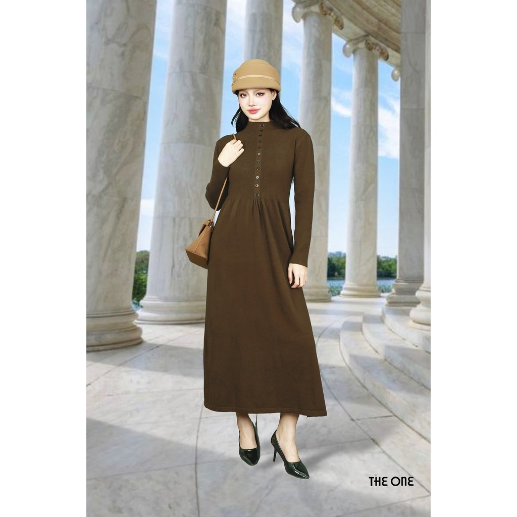 The One Fashion DL5216NDA เดรสผ้าวูลสีน้ําตาลเข้มคอปก 3 ซม. แขนยาวและขาบาน
