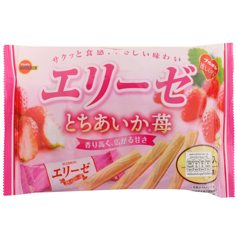 BOURBON เบอร์บอนเอสเซ่โทจิไอกะอิจิโกะเวเฟอร์สอดไส้ครีมรสสตรอเบอร์รี่ 115กรัม [4901360360840]