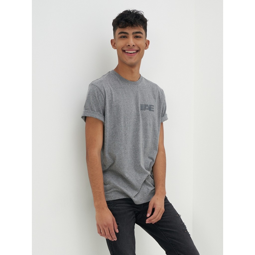 American Eagle เสื้อยืดผู้ชาย G INTL PUFF ACTIVE SET IN TEE - CVC FAUX HTHR+SERIOUSLY SOFT WASH สี GRAY - 017-2997-020