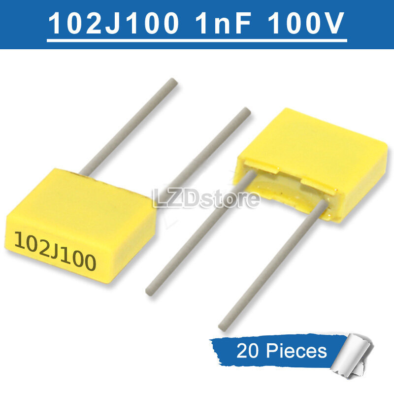 20pcs 102J100 Correction Capacitor 102 100V 1nF 0.001uF 102J 100V Pitch 5 มม.Pylenetic Safetyฟิล์มพล