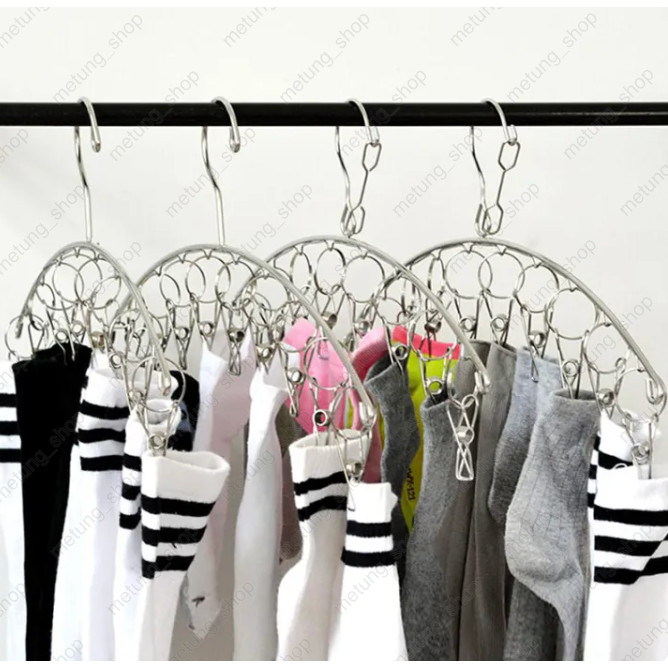 ไม้แขวนเสื้อสเตนเลสแบบโค้ง 10 ตัวหนีบ สำหรับตากถุงเท้าและชุดชั้นใน