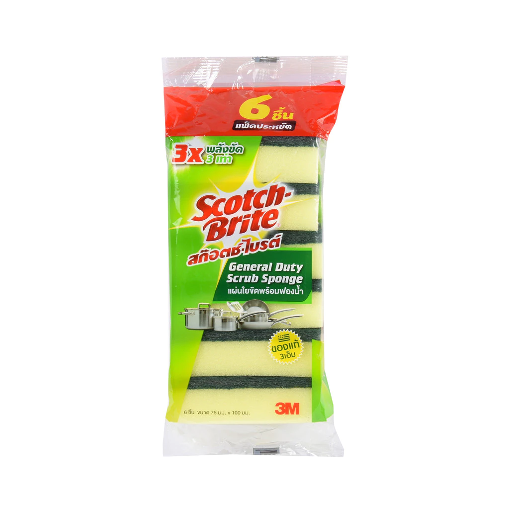 แผ่นใยขัดพร้อมฟองน้ำ SCOTCH BRITE (แพ็ก 6 ชิ้น) สีเขียว - เหลือง