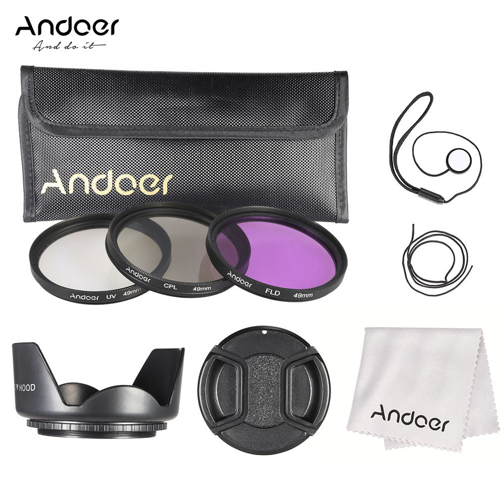 [Mamamoo1-Fast Ship] Andoer 49mm Filter Kit (UV+CPL+FLD) + Nylon Carry Pouch Lens Cap Holder Hood Cl