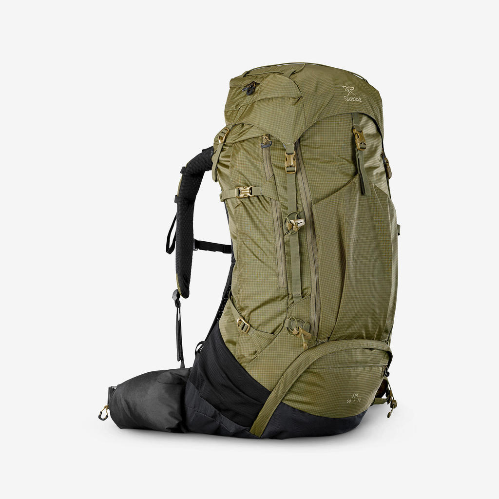กระเป๋าเดินป่าเทรคกิ้งสำหรับผู้ชายรุ่น MT500 Air ขนาด 60+10 ลิตร - ดำรมควัน,เขียวมะกอกสีทอง | Men’s 