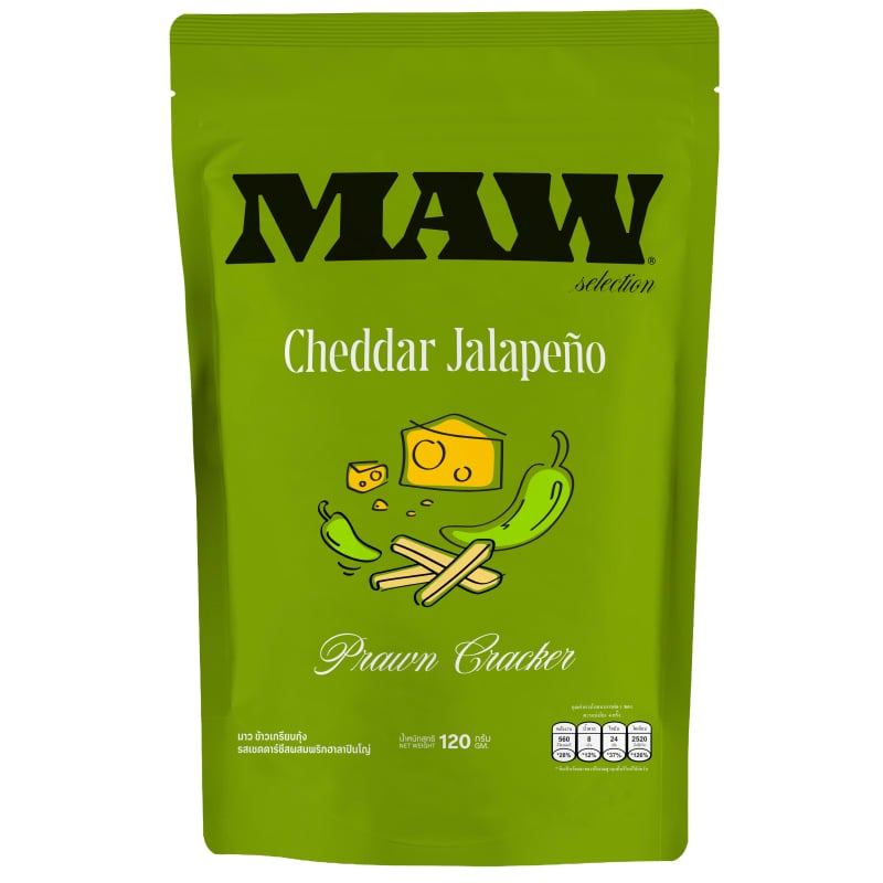 MAW มาว ข้าวเกรียบกุ้ง รสเชดดาร์ชีสผสมพริกฮาลาปินโญ่ 120 กรัม [8858669416005]