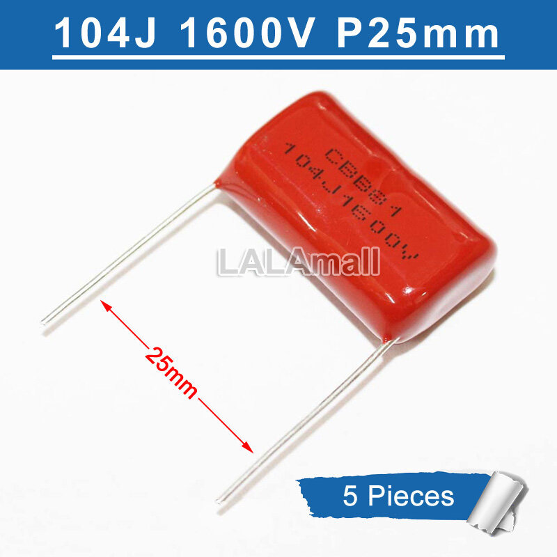 5pcs CBB 104J 1600V 104 0.1UF Metallized Film Capacitor 104J1600V 1600V104J Capacitance Pitch 20 มม.